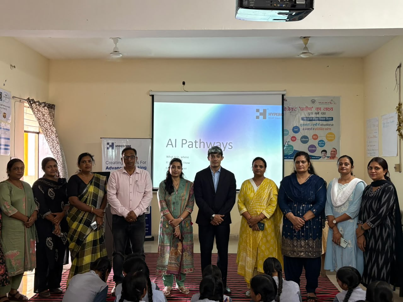Group photo of the AI Pathways session team and attendees at G.I.C. Baroda Hinduwan, Hapur