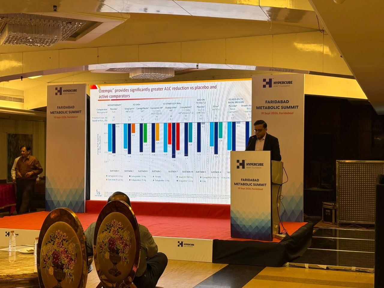 Speaker presenting clinical evidence on blood sugar reduction at Metabolic Summit 2026 in Faridabad
